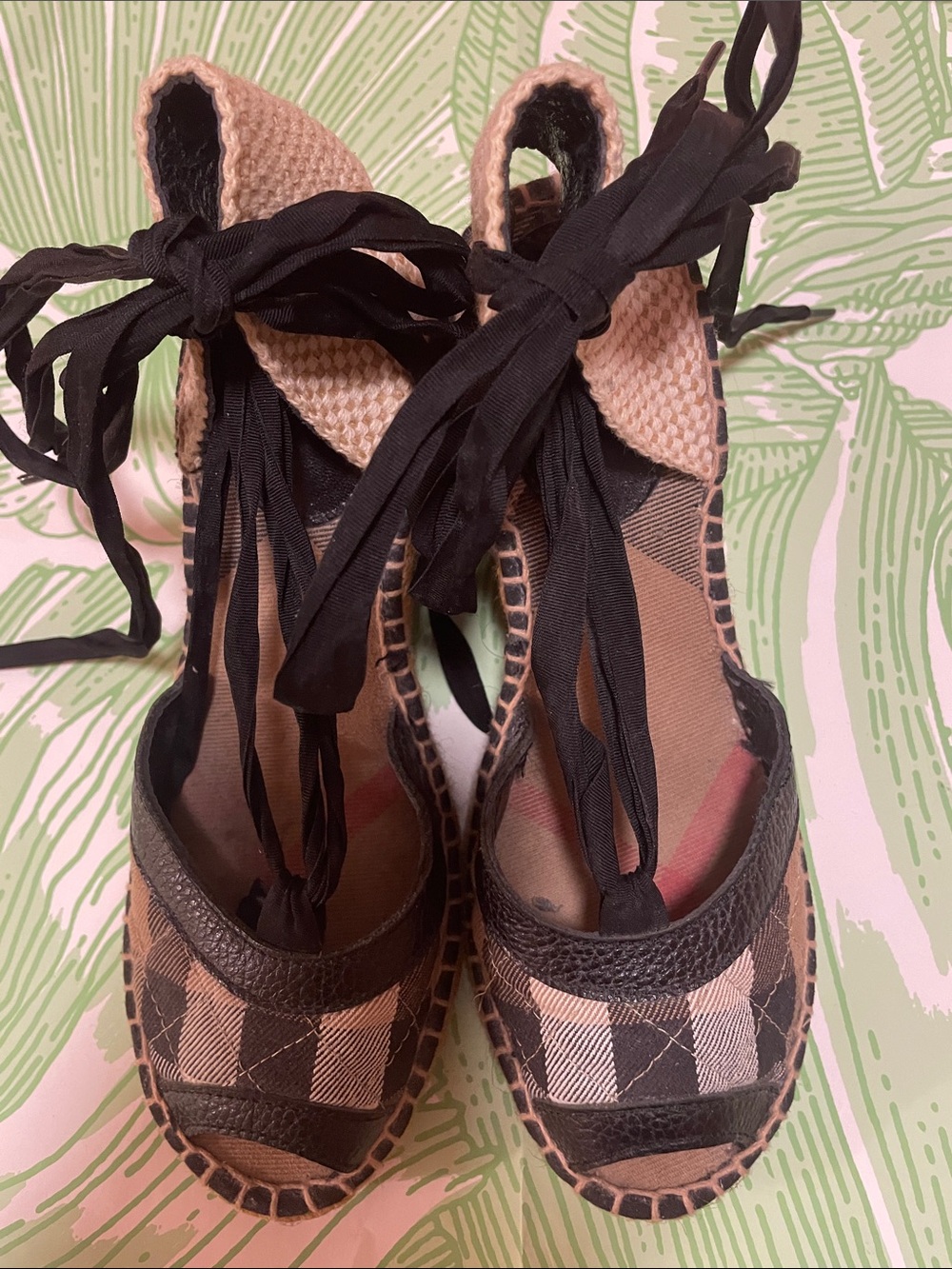 Burberry Beige and Black Plaid Espadrille Wedge Sandals with Ribbon Ties